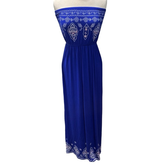 Love Tree Dresses & Skirts - Love Tree‎ Blue Strapless y Border Print Maxi Dress Medium Tube Top Gown #508